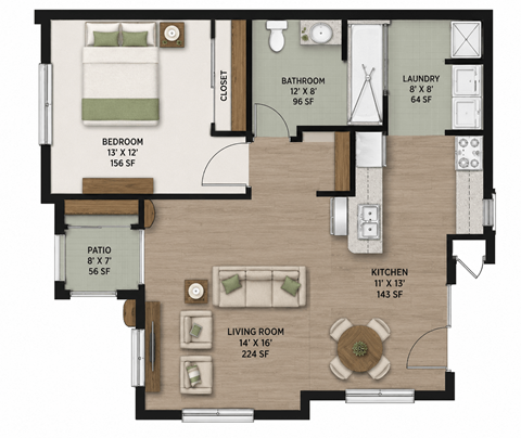Floor plan for 1 bed, 1 bath